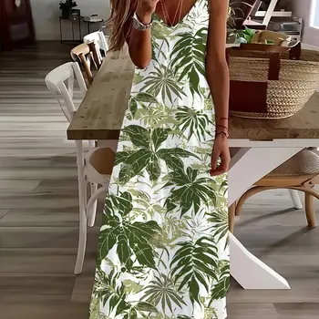 Abito elegante con bretelle Casual per le vacanze al mare con stampa a foglia abito alla caviglia con bretelle larghe senza maniche Casual alla moda 1