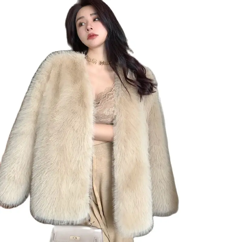 Korean style young women winter long sleeves faux fur coat cardigan design long loose female fur outerwear thick warm jackets