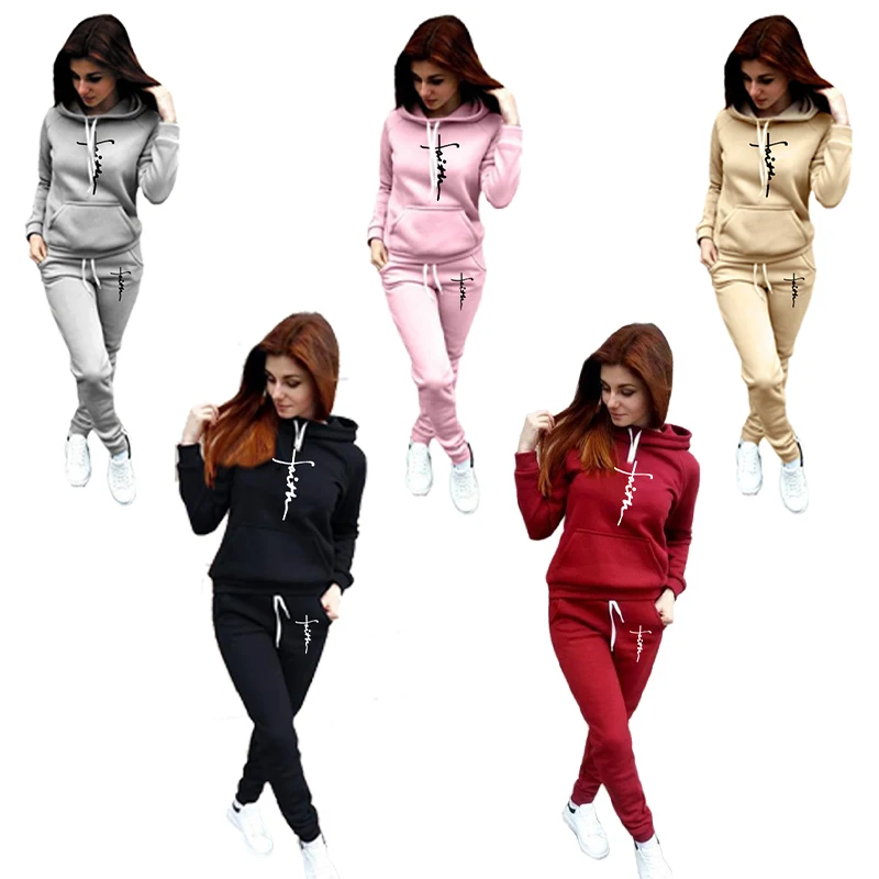 New Women Faith Print Hoodie Set Women Sportsuits Two Piece Suits Hooded Sweatshirts Long Pants Autumn Winter faith