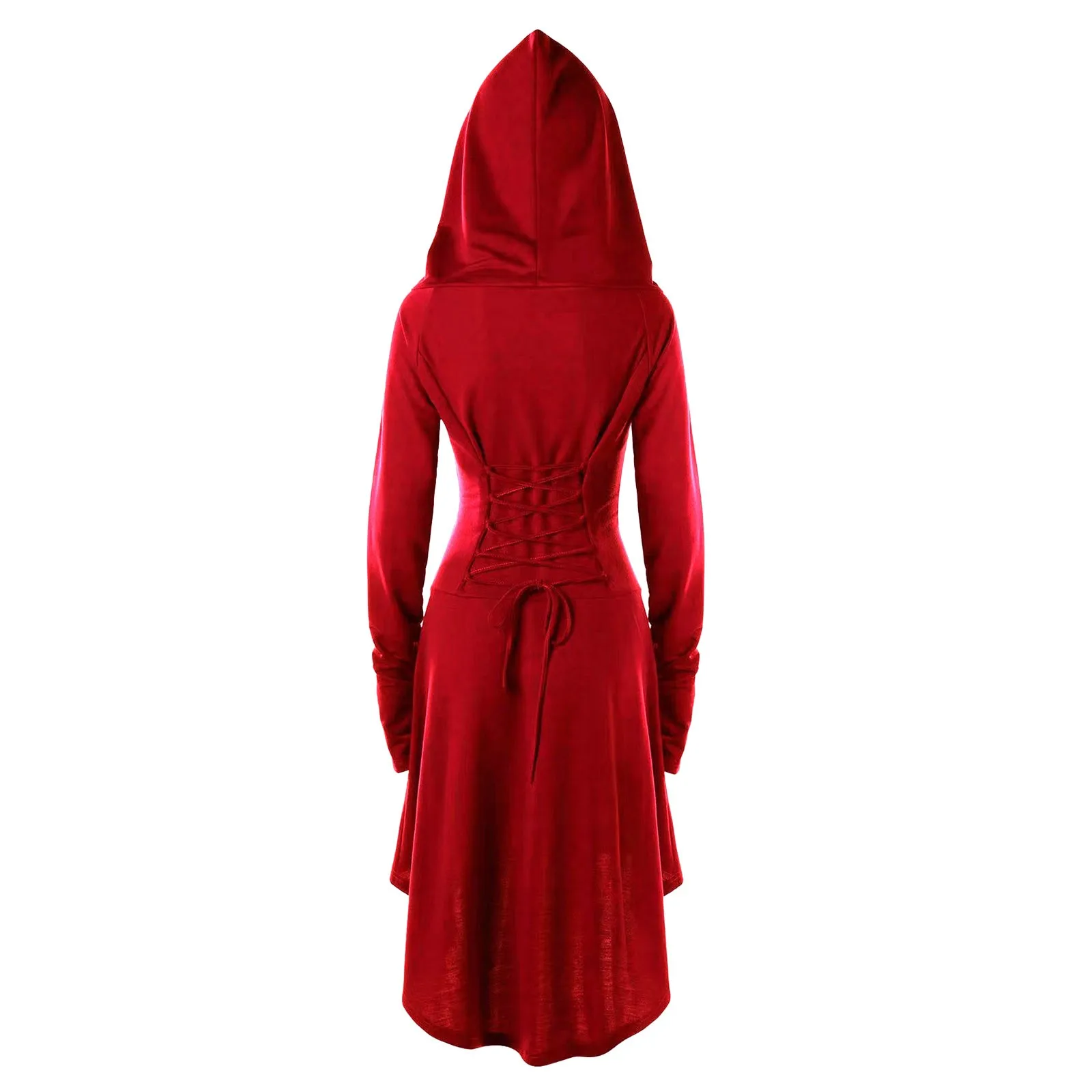 Vintage Women Cosplay Costume Medieval Lace Up Hooded Pullover For Women Victorian Casual High Low Bandage Long Dress Cloak