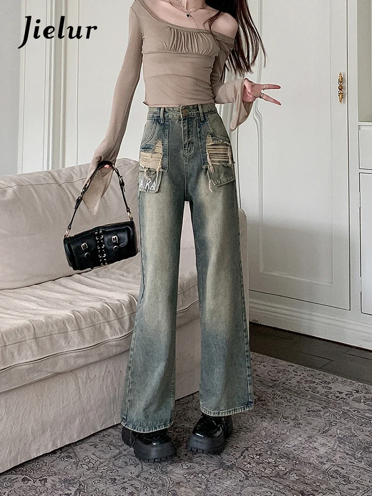 Jielur Ins Vintage Holes Slim Women Jeans Autumn New High Waist Loose Chicly Woman Jeans Fashion Casual Wide Leg Pants Female