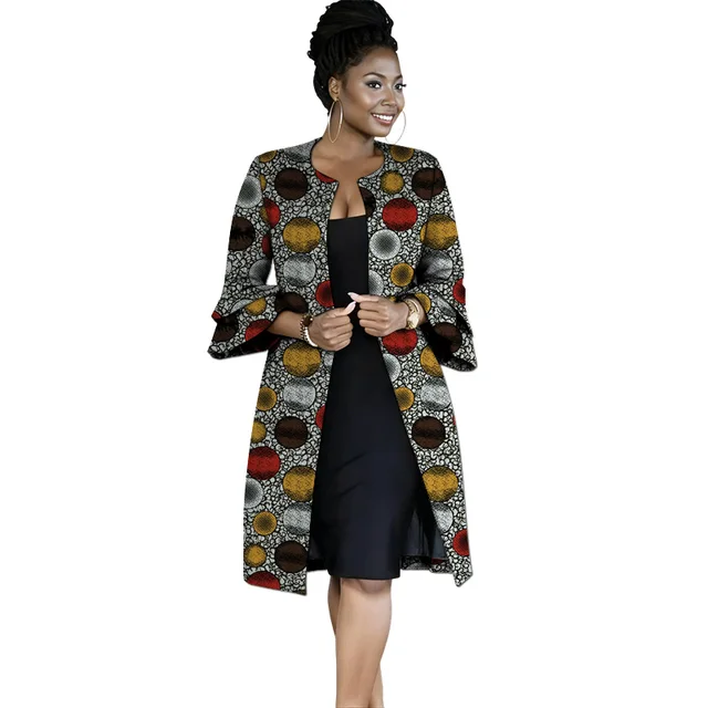 Double Layered Lotus Sleeves Women's Coats African Print Collarless Cardigan Long Jacket Retro Style Female Ankara Outfit 4