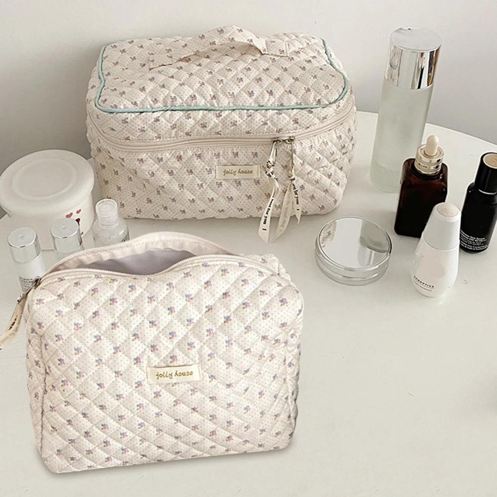 지퍼가 달린 여성용 화장품 가방, 메이크업 정리함 파우치, 코튼 플라워 프린트 대용량, 여성 소녀 보관 가방 세트