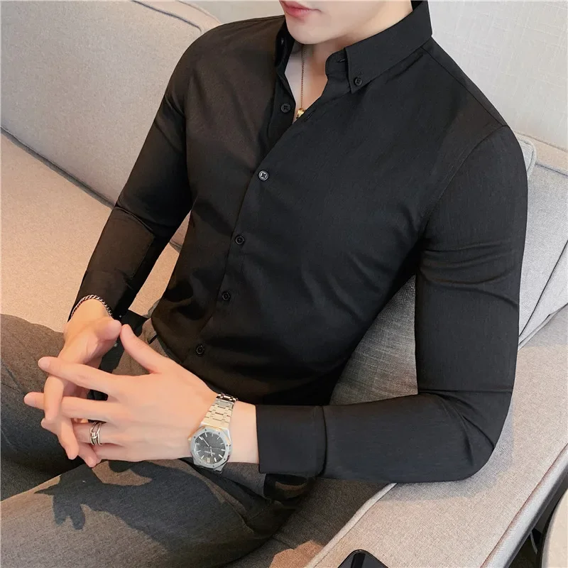 Men Casual Shirts British Style Men Long Sleeved Shirt 2025 Autumn Anti-wrinkle Soft Solid Casual Elastic Slim Fit Camisas Y Blusas Men Clothing