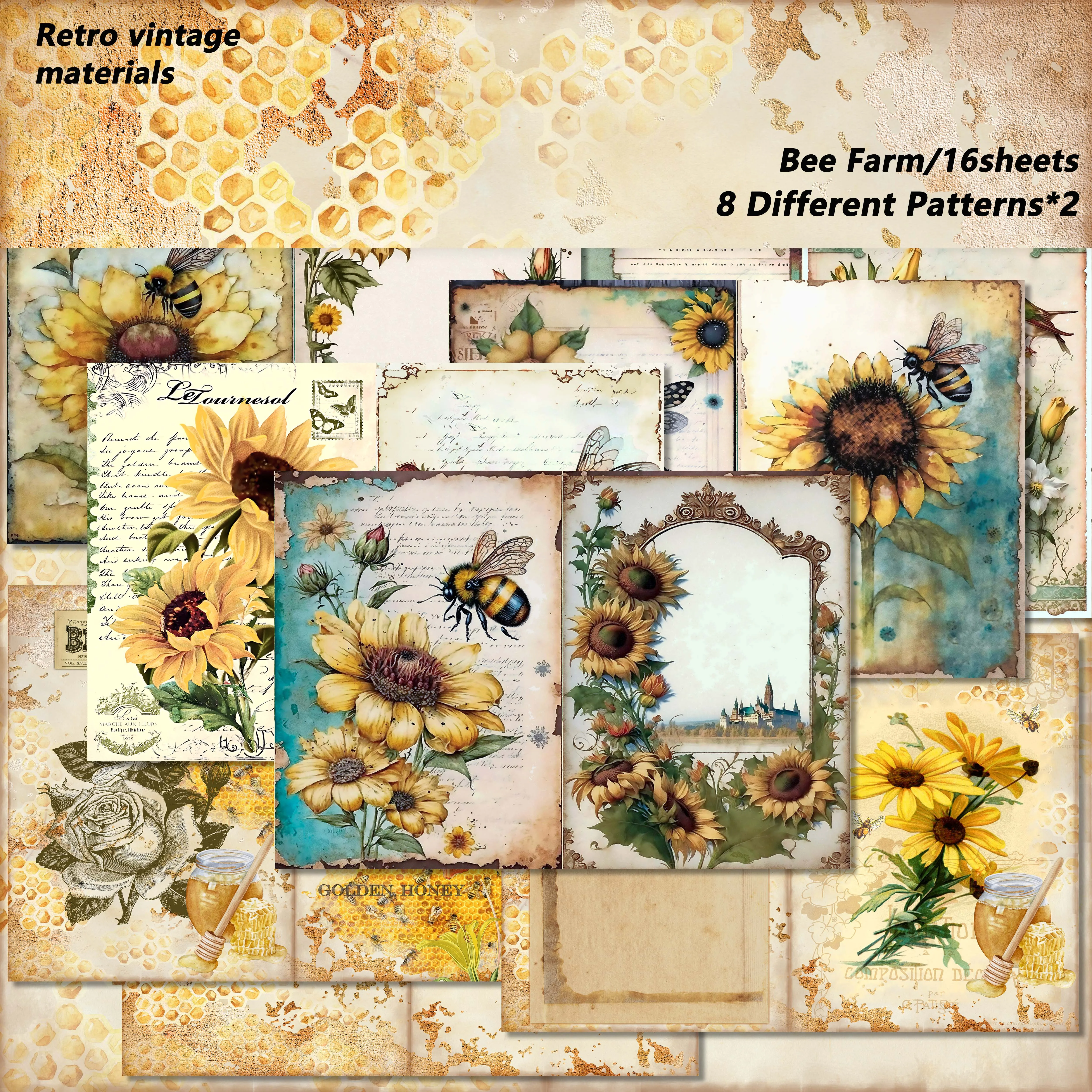 16 Blatt A5 (8,26 x 5,7 Zoll) beschreibbares Scrapbook-Papier mit Bienenmotiv, handgefertigte Grußkarten, perfekt für DIY-Geschenkverpackungen, Junk-Tagebücher – Detail 1