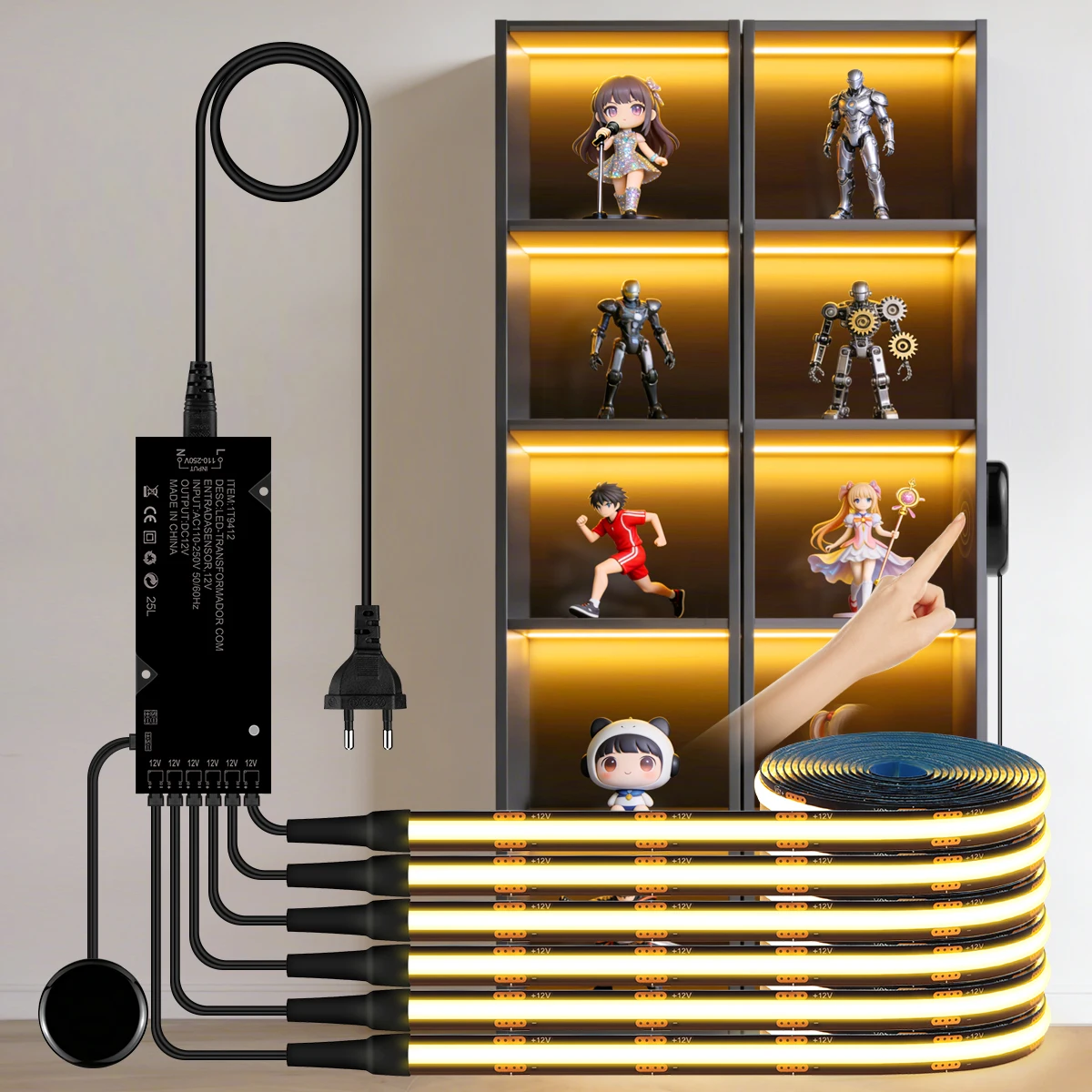 Walnut Wood Display Cabinet Under-Shelf LED Light Strip Dimmable Touch Sensor Lamp Tape For Acoustic Wall Panel Ambient Decor