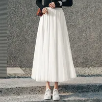 New Women Mesh Elastic Tutu Skirt Beach Spring Summer Korean High Waist Fashion Pleated Long Skirt Black White Tulle Skirts - Image 5