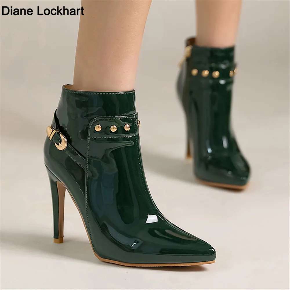 

New Autumn Winter Boots Elegant Stilettos Shoes Women High Heels Pointed Toe Boottes Metal Decoration Office Ankle Boots