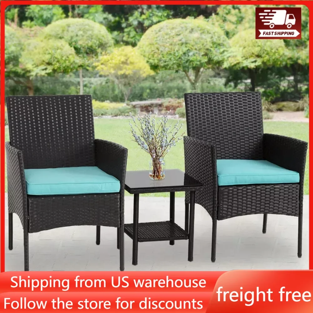 3 Piece Outdoor Furniture Set Patio Wicker Chairs Furniture Bistro Conversation Set 2 Rattan Chairs with Blue Cushions，STURDY