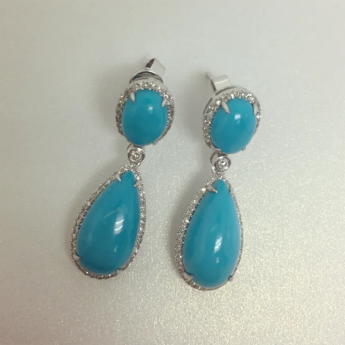 

Natural Diamond Big Cabochon Blue Turquoise Drop Earrings 14K White Gold Jewelry