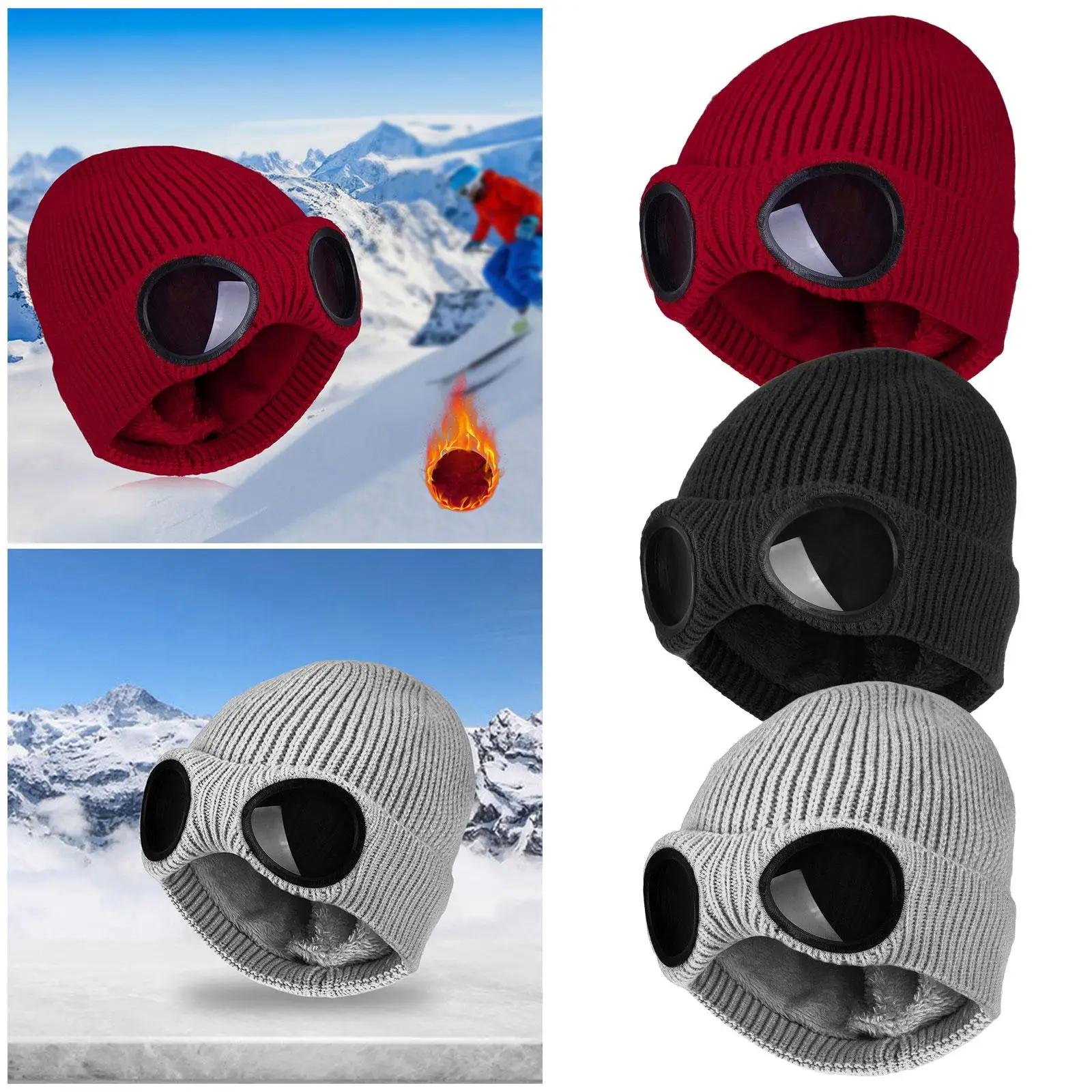 Fashion Knit Hats Thermal Solid Color Beanie, with Goggles Windproof Soft Headwear Skiing Caps for Men Women Unisex