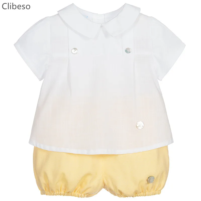 Hiszpański zestaw ubranek dla chłopca 2023 letnie dzieci stroje dla dzieci chrzest urodziny odzież garnitur maluch biała koszula żółte szorty