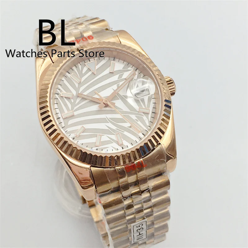 

BLIGER Palm Leaf Dial Luxury Automatic Watch For Men NH35A Fluted Bezel Sapphire Crystal Rose Gold Jubilee Case Date Waterproof