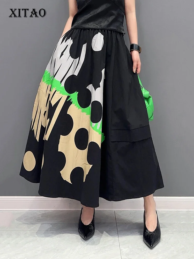 

XITAO Asymmetrical Contrast Color Skirt Loose Fashion Casual Women Simplicity All-match A-line Skirt 2024 Summer New DMJ1729