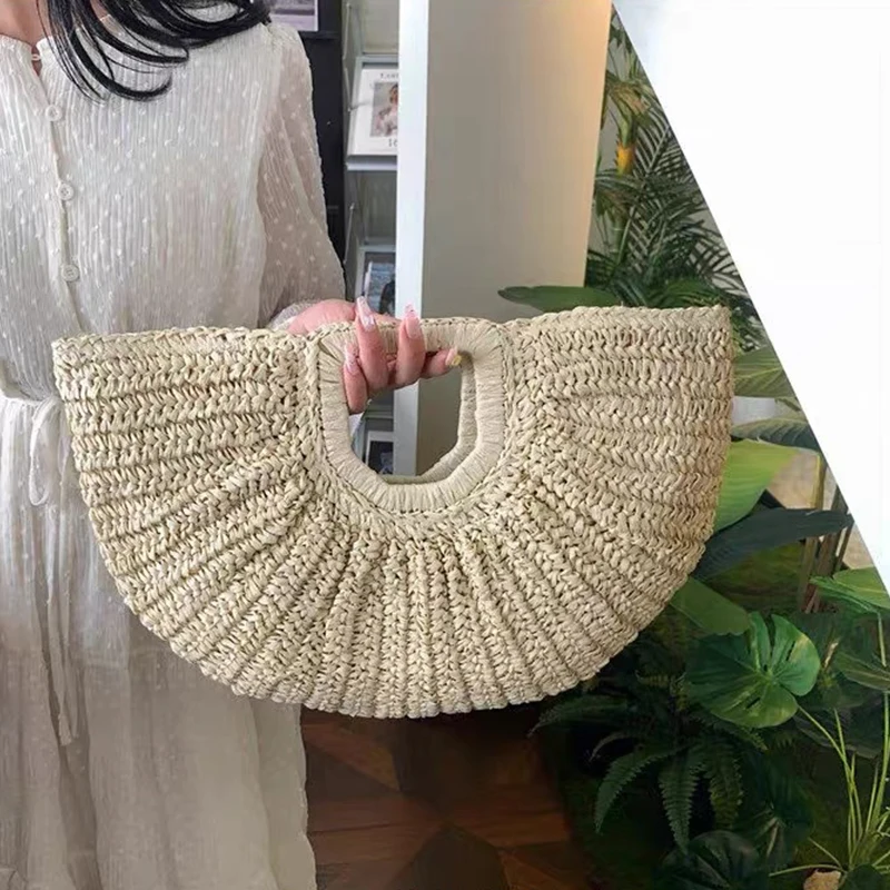 Women's Retro Rattan Handbag Handmade Knitted Tote Bag Summer Straw Half-Moon Beach Fashion Big Handle Bag