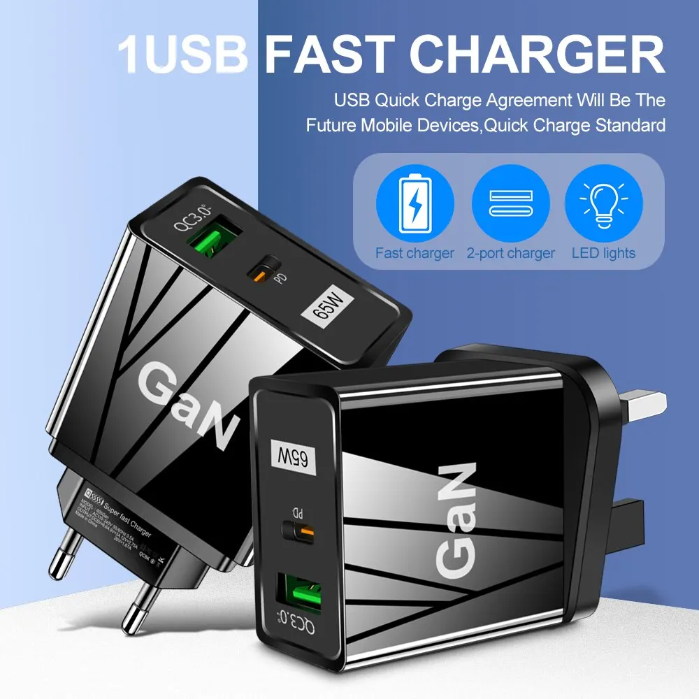 USLION 65W GaN Charger EU KR AU Plug Adapter Laptop Fast Charging For iPhone USB Type C Quick Charger Mobile Phone USB Charger