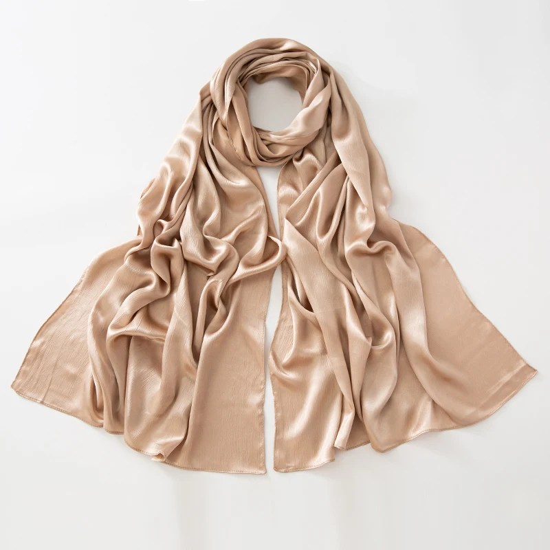 Women Plain Silk Satin Hijab Scarf Different Sides Bark Wrinkles Solid Color Long Shawl Muslim Women Smooth Silk Like Underscarf 6