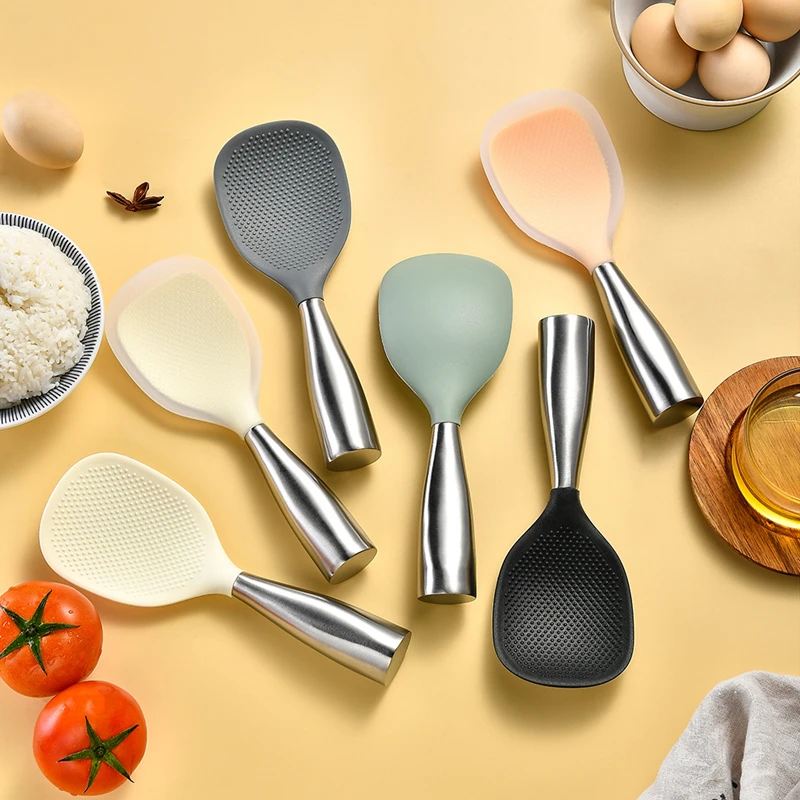 304 Stainless Steel Handle Rice Spoon Non-stick Silicone Serving Soup Scoop Dish Scrapers Kitchen Tools Heat Resistant