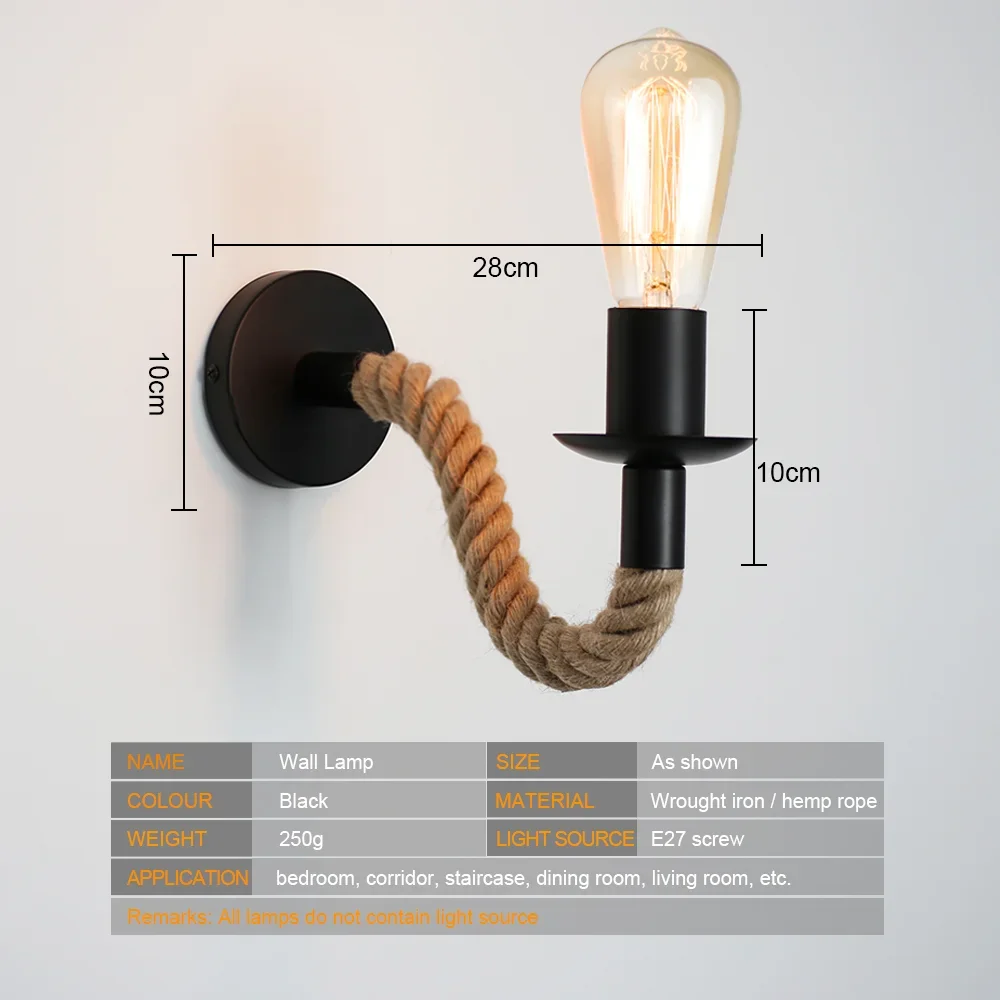 Retro Hemp Rope Design E27 Edison Bulb Iron Wall Lamp Indoor Home Loft Corrior Led Wall Lamp Industrial Decoration Wall Light
