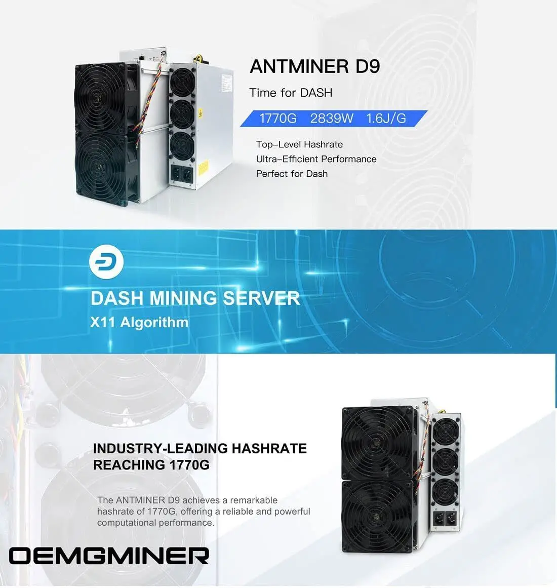 

Bitmain Antminer Dash Miner D9 Hashrate 1770G Power 2839W Bulid-in PSU