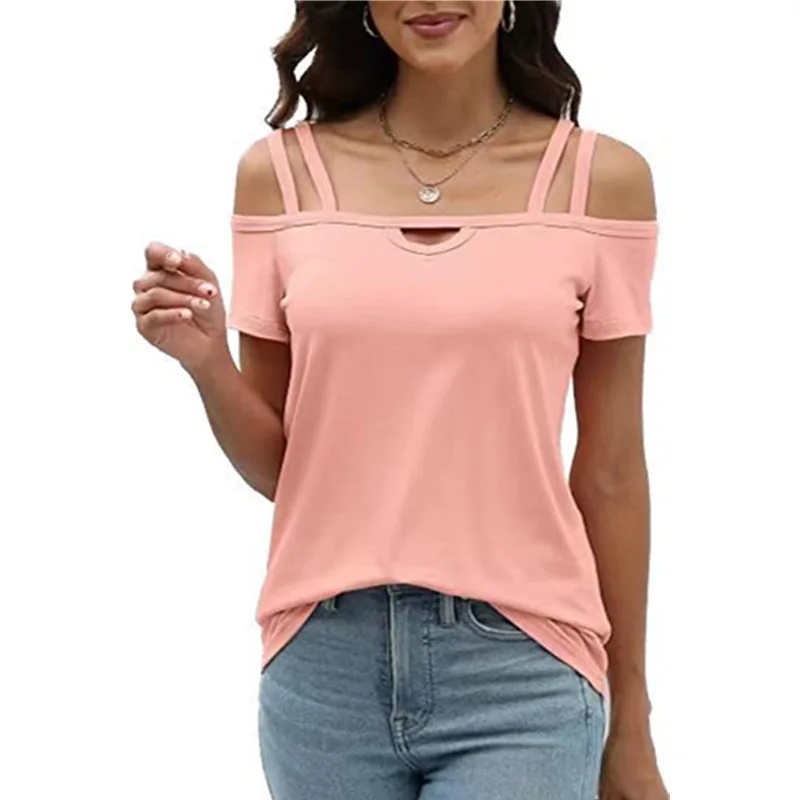 

Женский новый модный и элегантный дизайн 2024, однотонный топ с коротким рукавом и двойными бретельками с одной линией, футболка