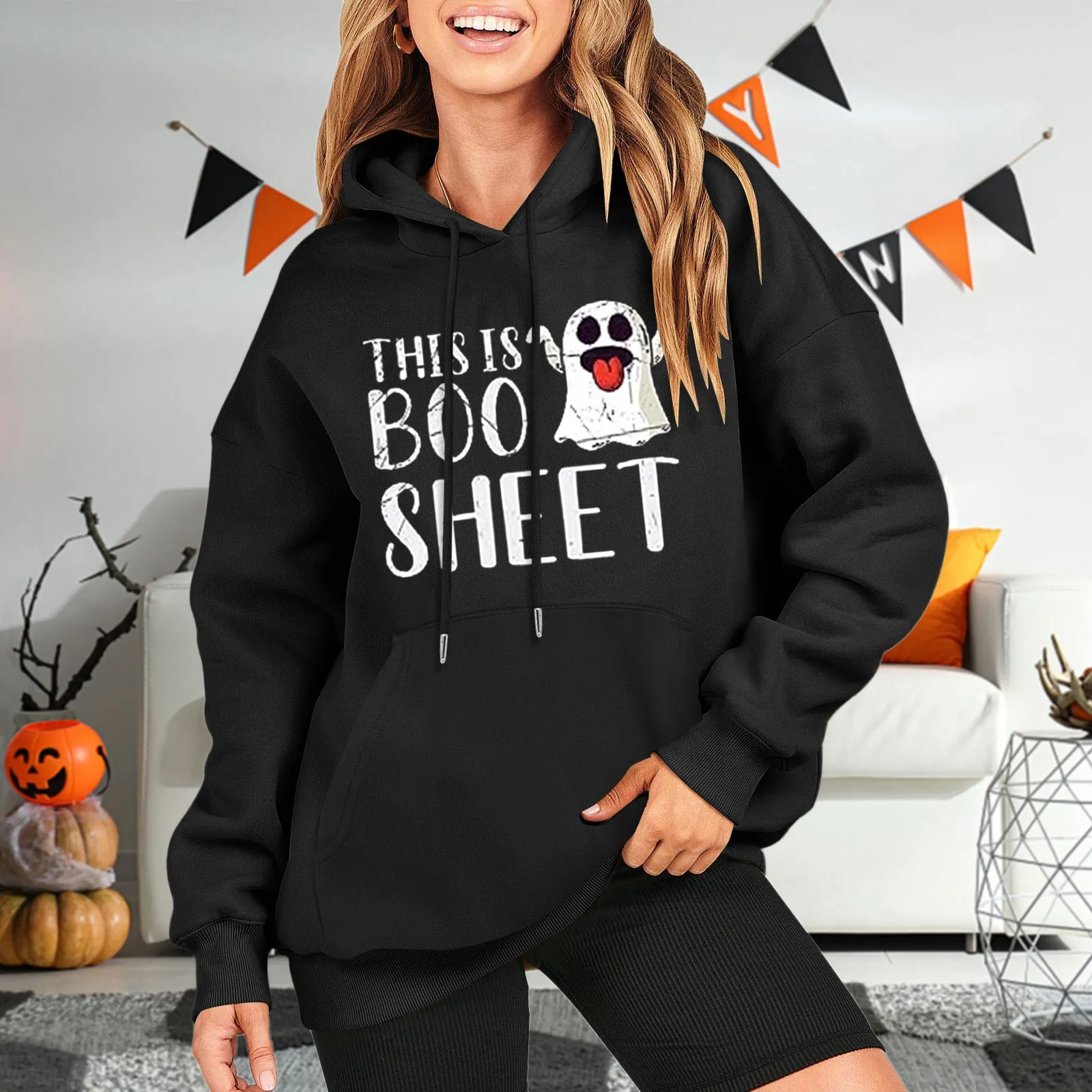 

Halloween Graphic Graphic Fleeced Clothing Oversized Sweatshirt Long Sleeve Top Pullover Hoodie Clothes Women'S Autumn Clothing
