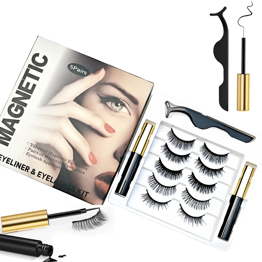 Magnetische Wimpern Set – 5 Paar 3D Wimpern Mit Eyeliner & Pinzette, Wiederverwendbar & Vegan