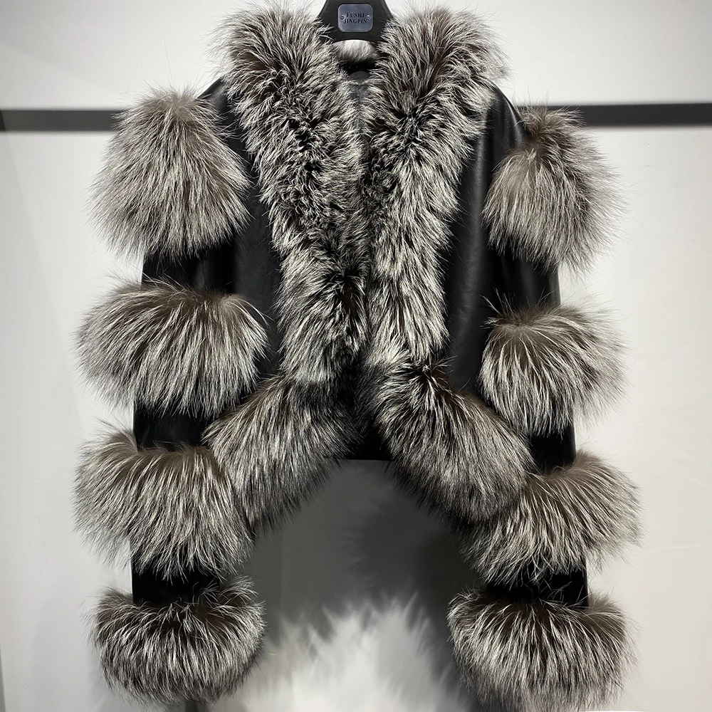 YOLOAgain Women's Natural Fox Fur Jacket Real Leather Cropped Jacket Streetwear