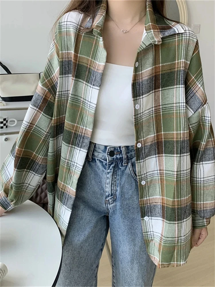 

Vintage Plaid Shirt Women Autumn Long Sleeve Single Breasted Blouse Female Korean Fashion Preppy Style Loose Check Shirts Ladies