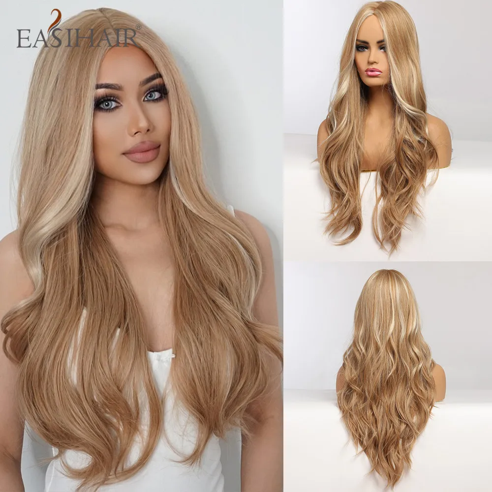 EASIHAIR Golden Highlight Blonde Parrucche sintetiche lunghe e ondulate con riga centrale Capelli naturali per donne Feste quotidiane Fibre resistenti al calore_voghion.com