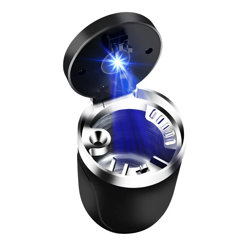 Car Ashtray Car on-board ashtray multi-functional with lid LED with light metal interior Odor-resistant One Touch Open portable