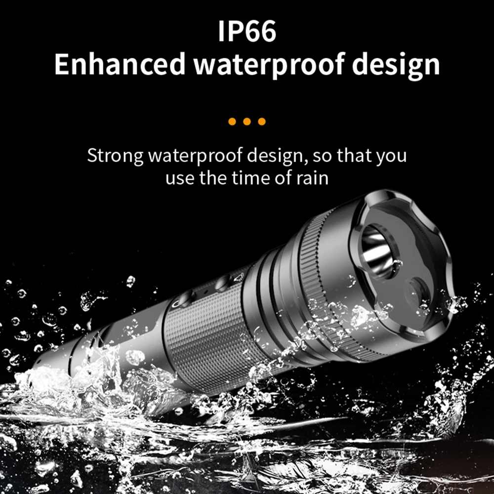 An Outdoor Flashlight SpyCam is shown partially submerged in splashing water, with text emphasizing its IP66 waterproof rating and perfect suitability for rainy conditions.