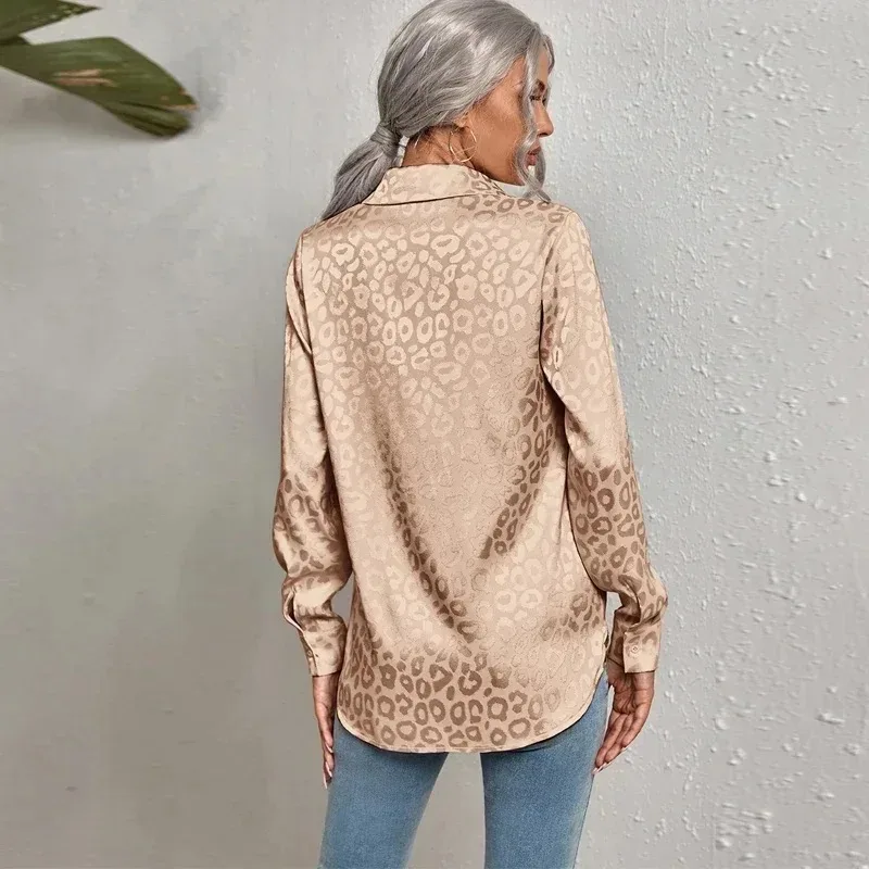 New Long-sleeved Fashion Women's Lapel Leopard Print Cardigan Shirt Casual Office Button-up Single-breasted Blouse 19169