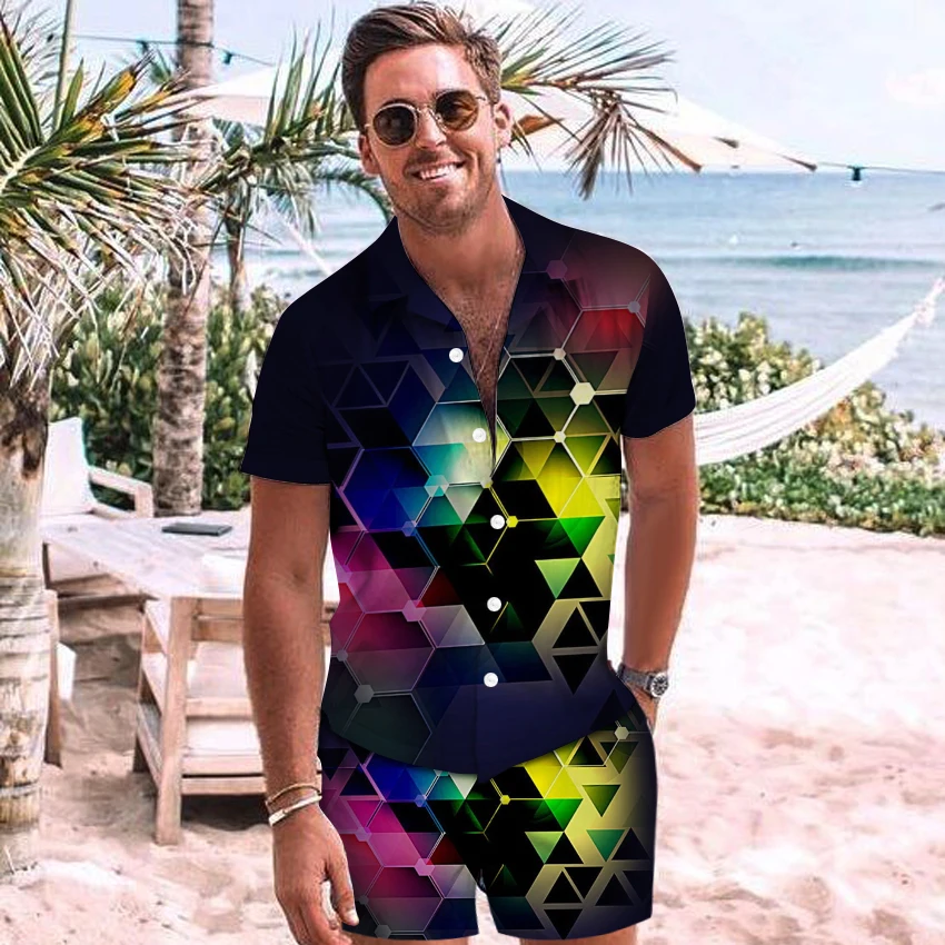 

Fashion Hawaiian Print Short Sleeve Shirt Set Men's Beach Leopard print Shorts Men's Shirt Suit Top + Shorts M-3XL