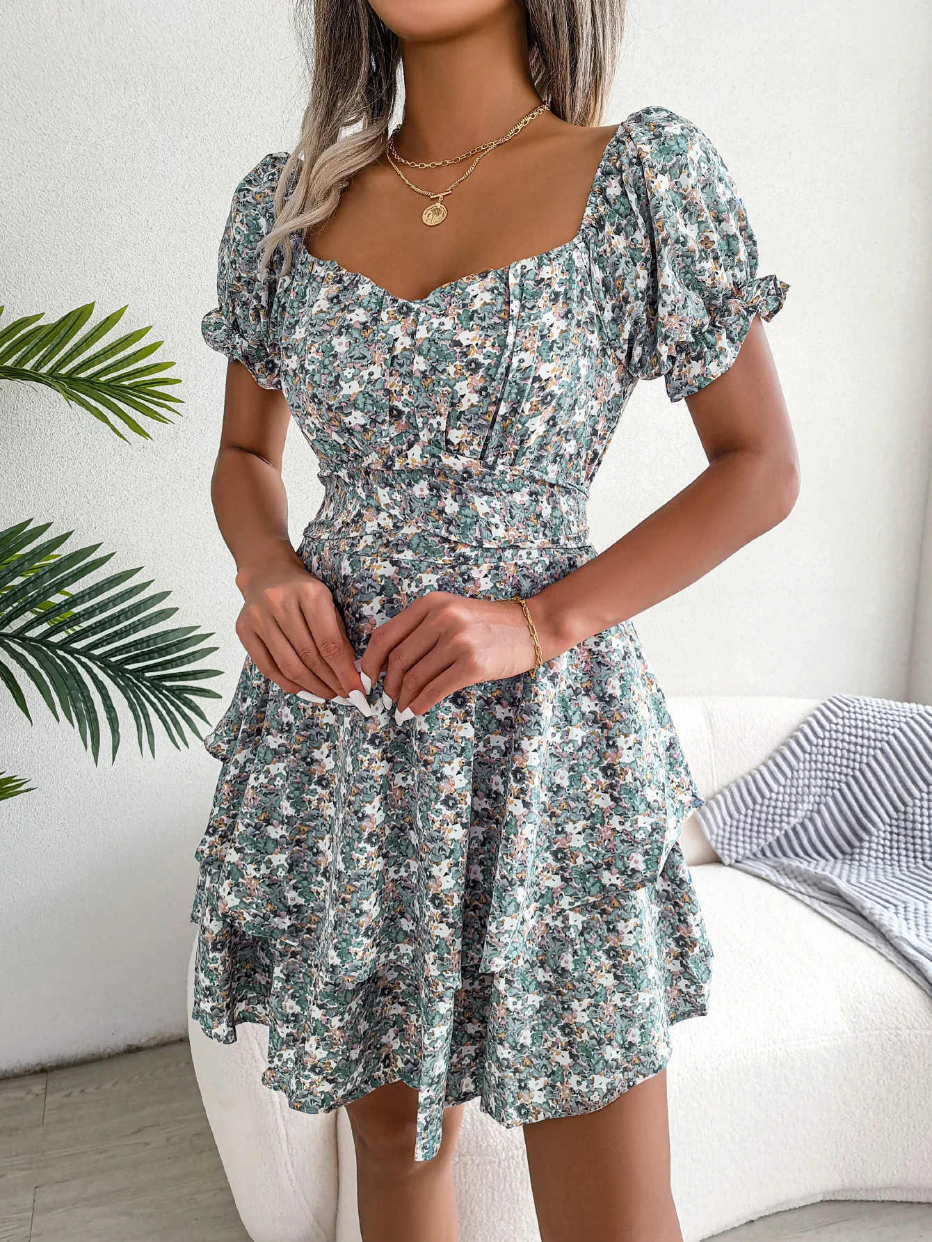 Floral Print Puff Short Sleeve Dress for Women