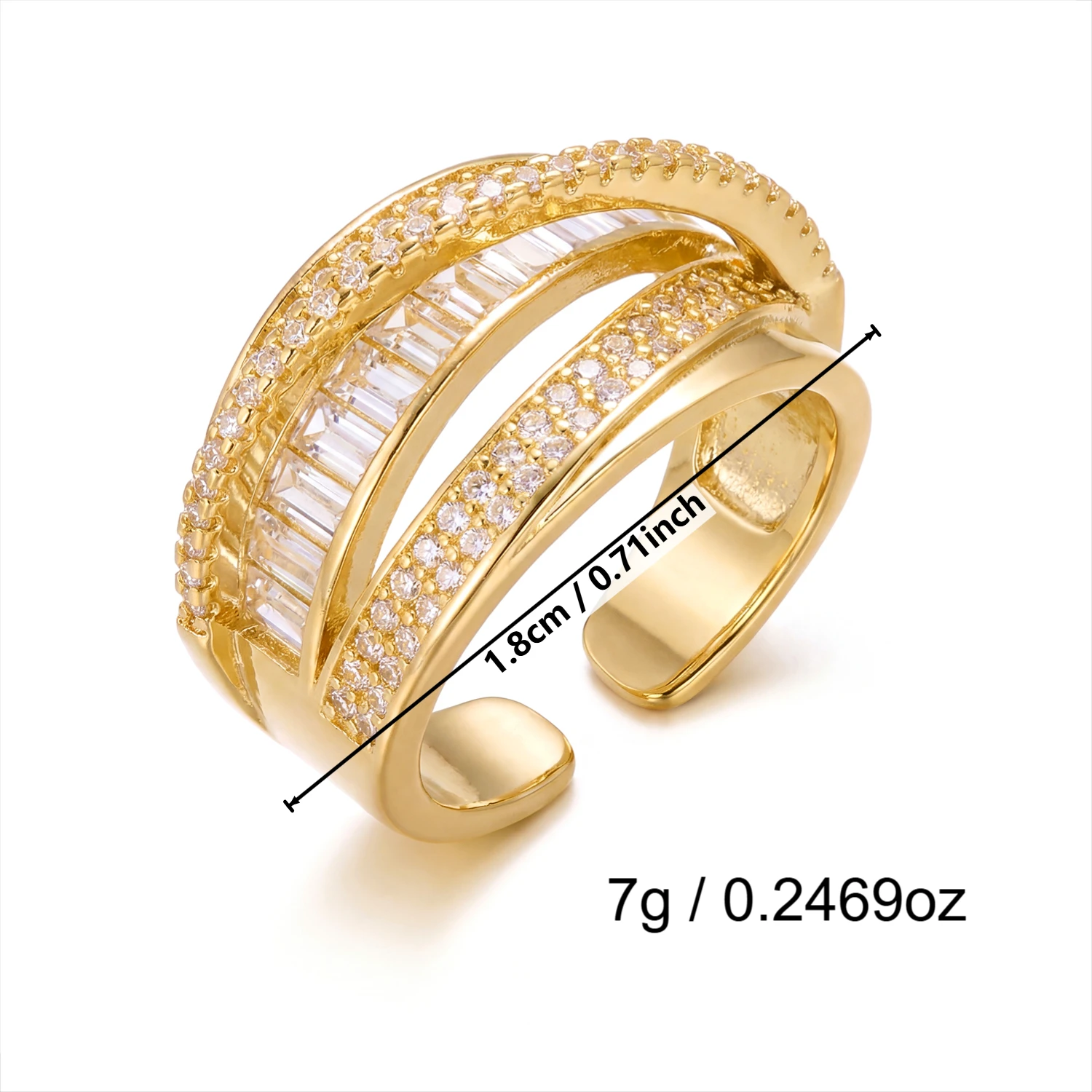 Klassischer goldfarbener Ring mit breiter Öffnung für Damen, luxuriöser, heller Zirkonia-Ring, verstellbarer Fingerring, Verlobungs- und Hochzeitsschmuck, Geschenk – Detail 6