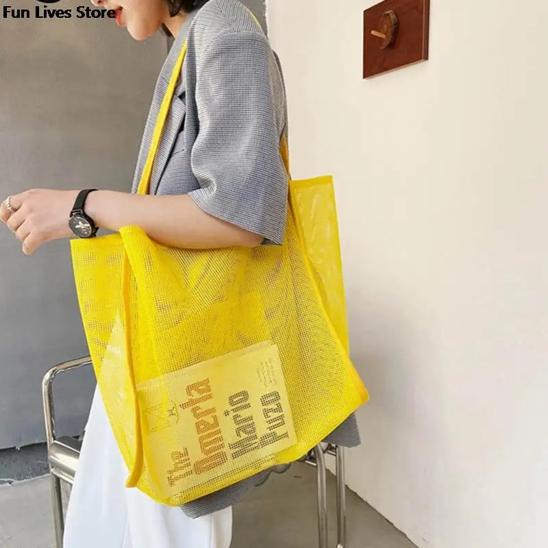 Women Tote Bags Transparent Mesh Handbag Summer Beach Totes Fashion Lightweight Shopping Bag Holiday Outdoor Storage Shoulder Purse Pouch