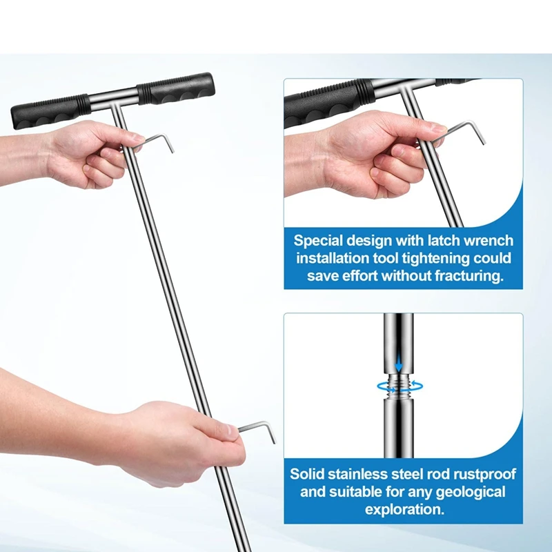 Solid Stainless Steel Soil Probe Rod, Adjustable 17-32-48 Inch, Septic Tank Probe Rod, Ground Probe With T-Handle 3