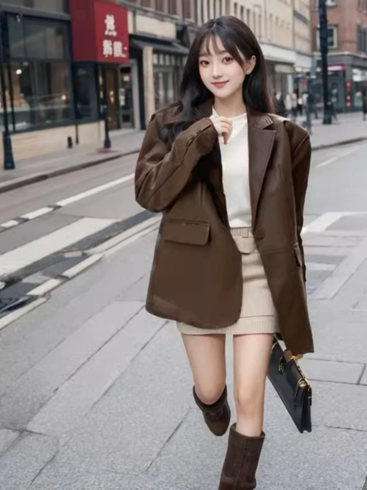Korean Style Streetwear Leather Suit Jackets Women Long Sleeves Single Button Casual Motorcycle Coats Fashion Trend Overcoats