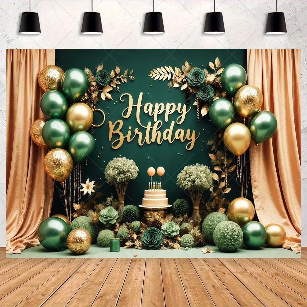녹색 생일 축하 테마 배경 녹색과 금색 풍선 꽃과 파티 선물 장식 배경 사진 용품 배너