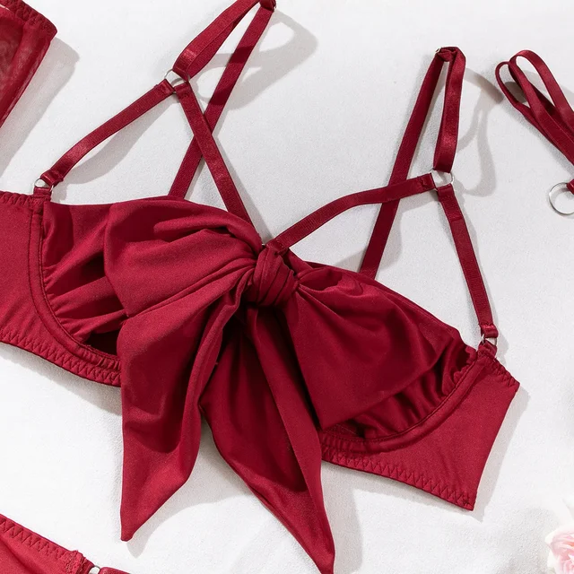 Cut Out Bow Lingerie Set with Garter and Gloves 22
