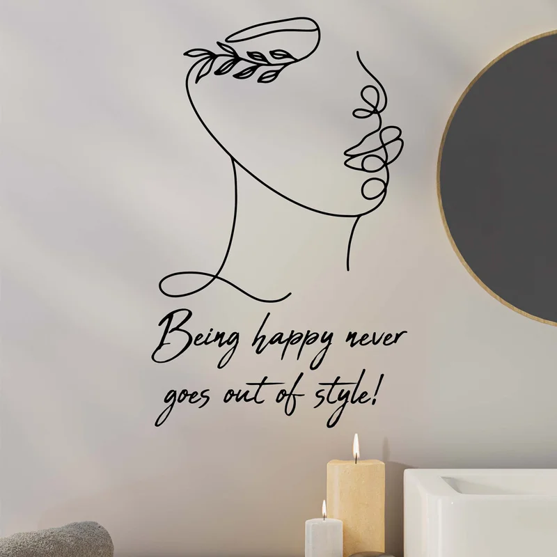 

Being Happy Never Goes Out of Style Spa Salon Quotes Wall Sticker Girls Face Line Art Beauty Salon Aesthetics Decor Decals Q036