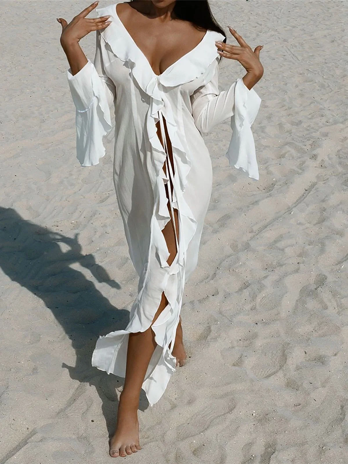 Swimsuit cover up Swimsuit coverup Beach suit Beach dress set Sexy V Neck Ruffled Long Sleeve Chiffon Tunic Beach Cover Up Beach Dress Wear Beachwear Female Women V5976
