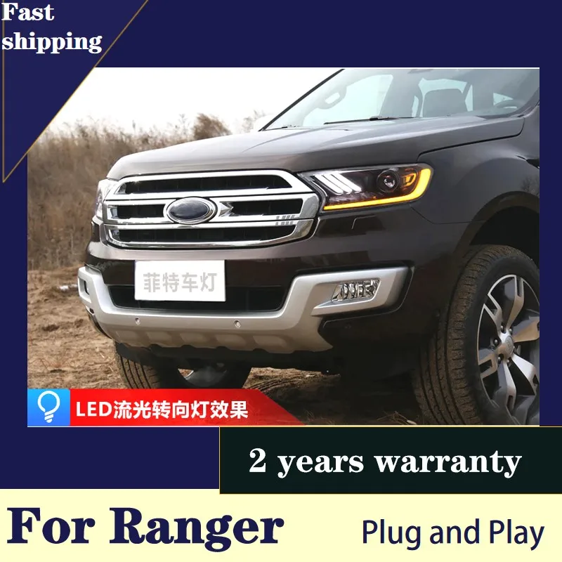 

Car Styling For Ford Ranger Led Headlight 2016 2017 2018-2021 Headlamp With Double Bi-xenon Lens Angel Eyes+Dynamic Turn Signal