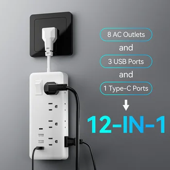 1 pcs US Plug Power Strip 12-in-1 power socket with 8 AC sockets, 3 USB ports and 1 Type-C Fast Charge port.Advanced Protection