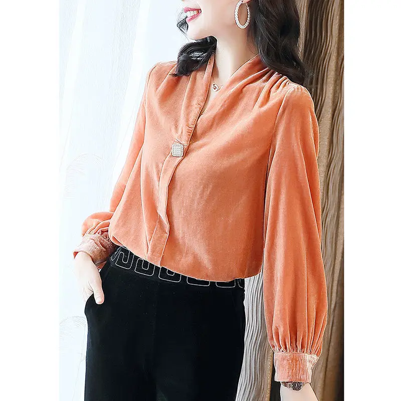 

Elegant V-Neck Solid Color Lantern Sleeve Blouse Women Clothing 2022 Autumn New Oversized Loose Casual Pullovers Commute Shirt