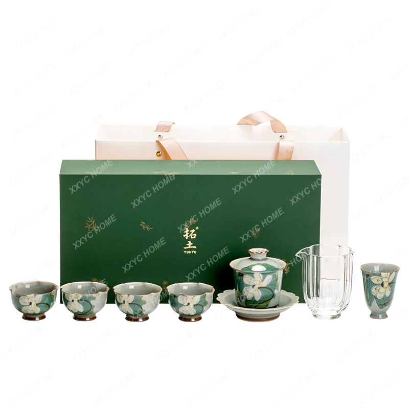 

Borneol Glaze Pure Hand Drawing Xia He Cover Teacup Kung Fu Tea Set Gift Set