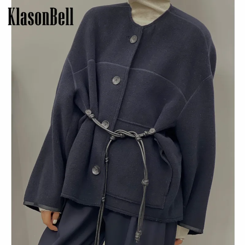 10.16 KlasonBell Temperament Lace-up Belt Decoration O-Neck Single Breasted Loose Short Wool Coat Women