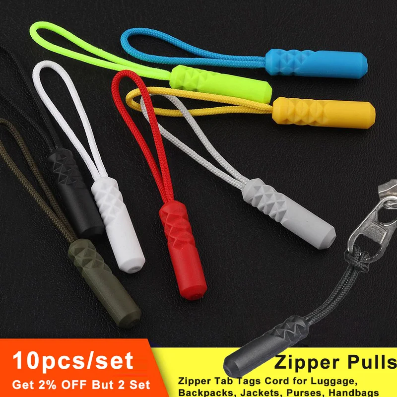 

10Pcs Zippers Pull Puller End Fit Rope Zipper Pull Replacement Zipper Tab Tag Cord Extension Fixer Backpack Suitcase Zipper Cord