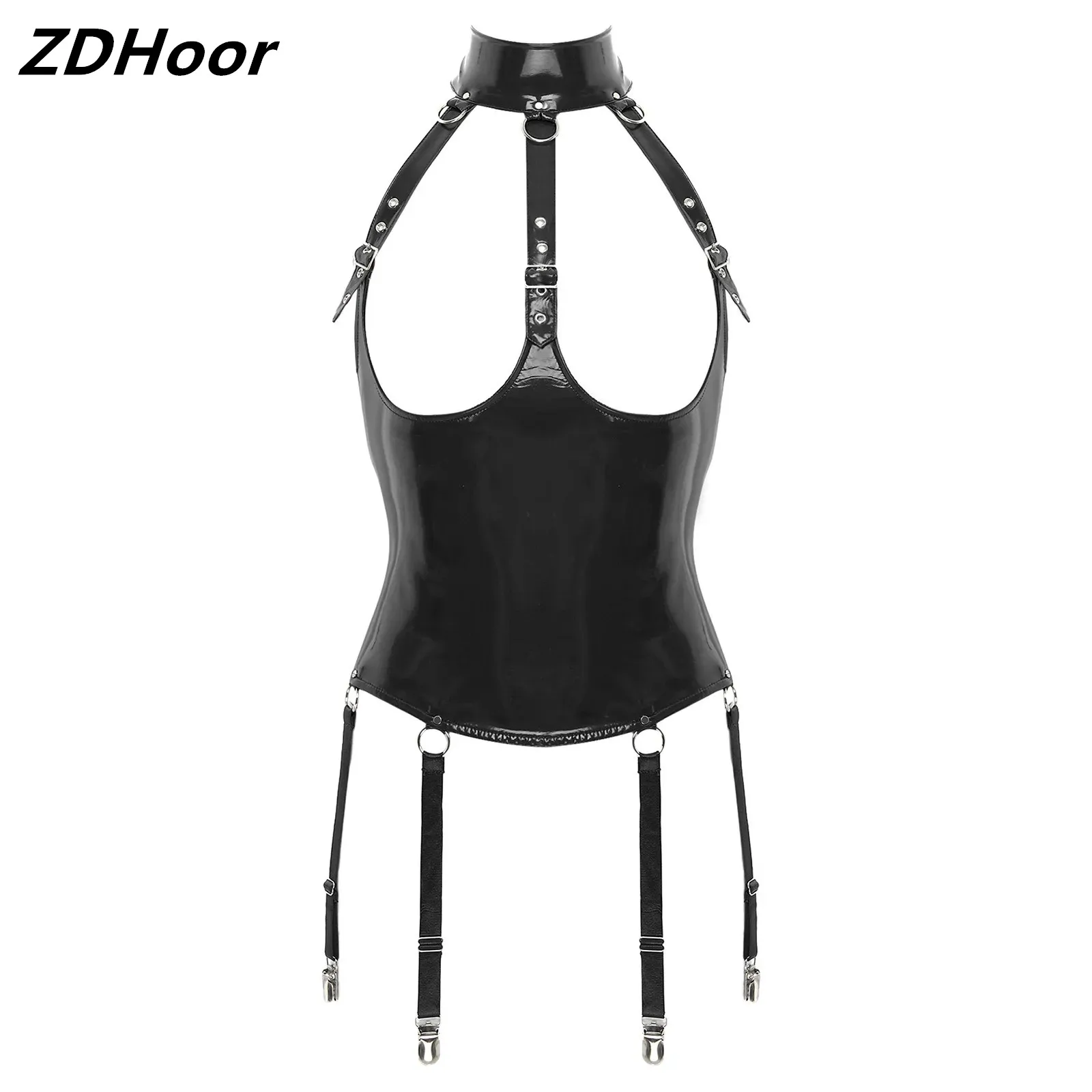 Womens Sexy Hollow Out Tanks Patent Leather Crop Top Metal Buckle O Ring Party Zipper Back Vest Tops with Garter Clips sharkbang b5 9 ring zipper binder notebook loose leaf glitter cover diary bullet transparent pvc journal agenda stationery